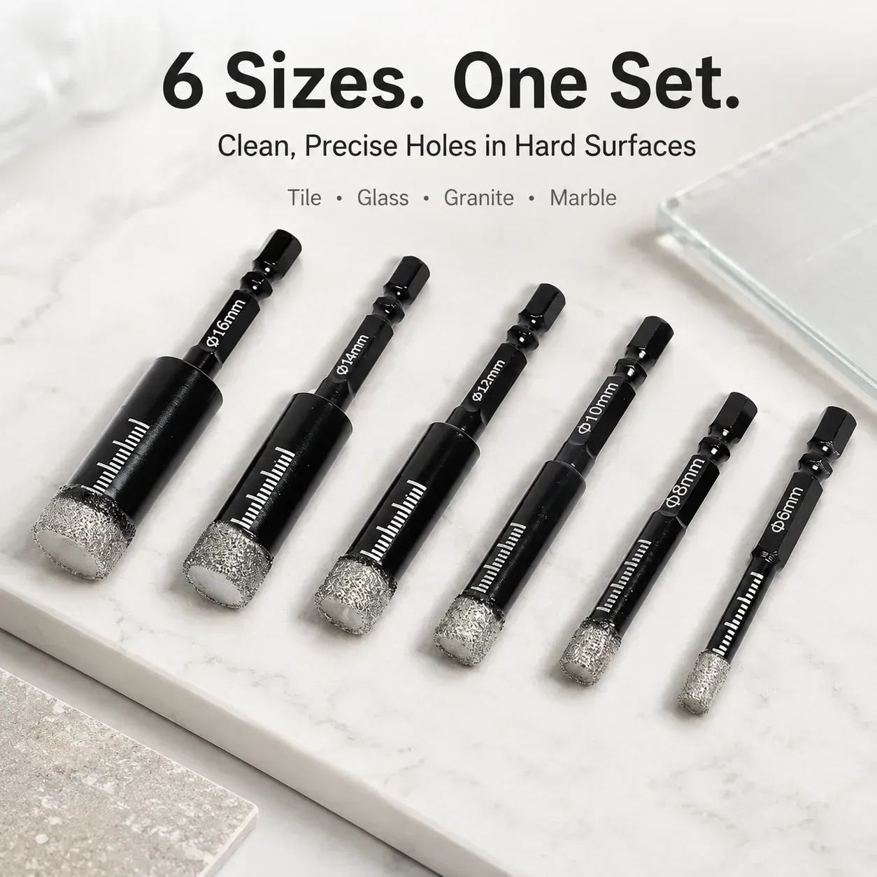 6 Pcs Diamond Drill Bits Set, 1/4 5/6 3/8 1/2 Inch Brazed Diamond Drill Bits for Precision Drilling in Tile Ceramic Glass Granite Marble Masonry